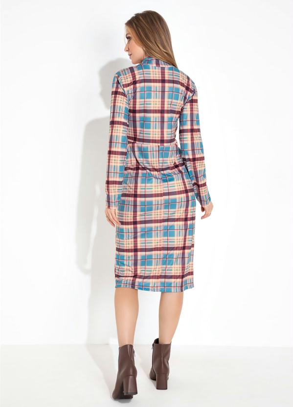 Moda Pop - Vestido Xadrez Marrom com Gola e Mangas Longas 2