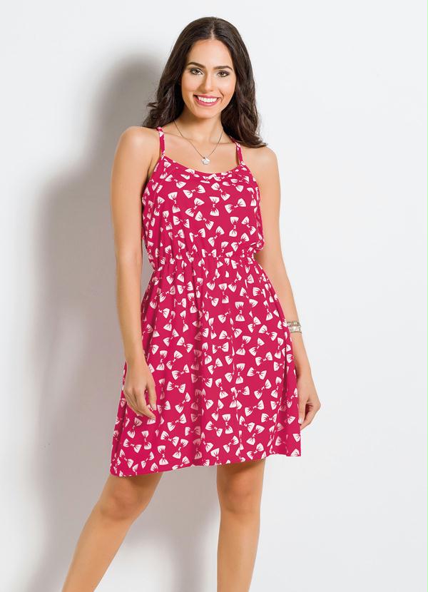 Vestido de Alça com Babado Rosa com Estampa Laço - Moda Pop