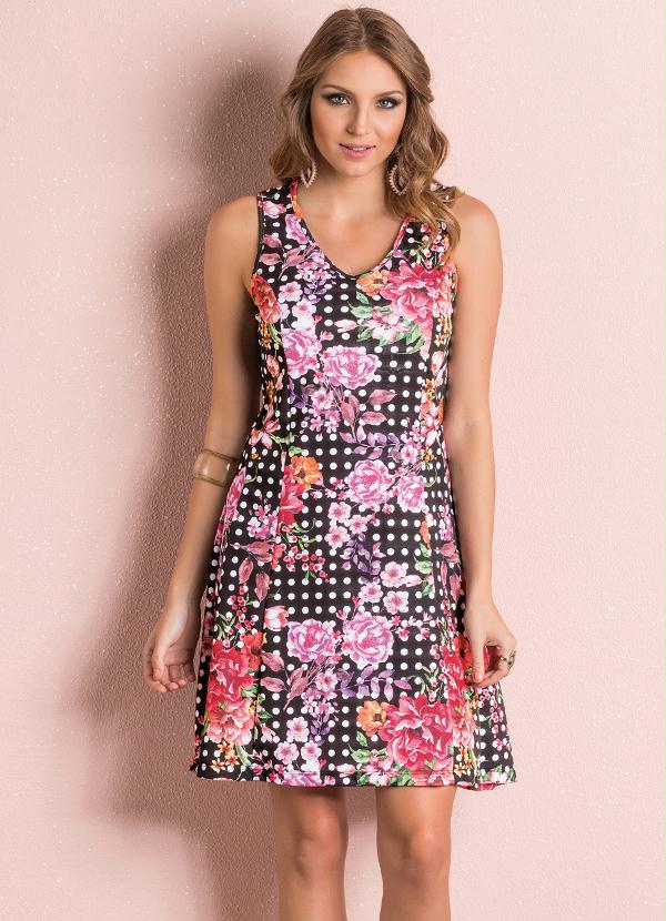 Outlet - Vestido Decote V Poá e Floral