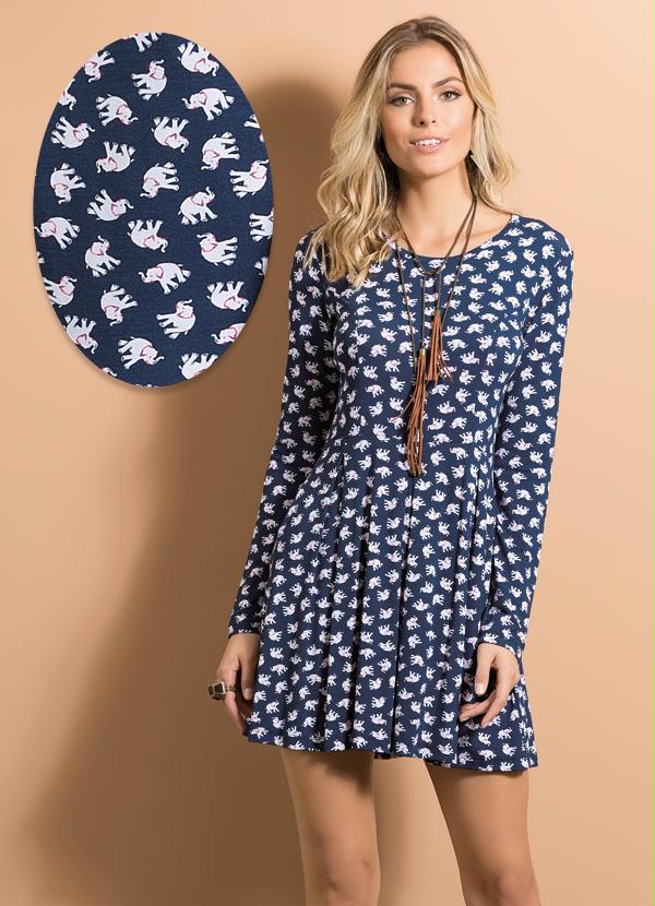 Quintess - Vestido Evasê Estampa Elefantes