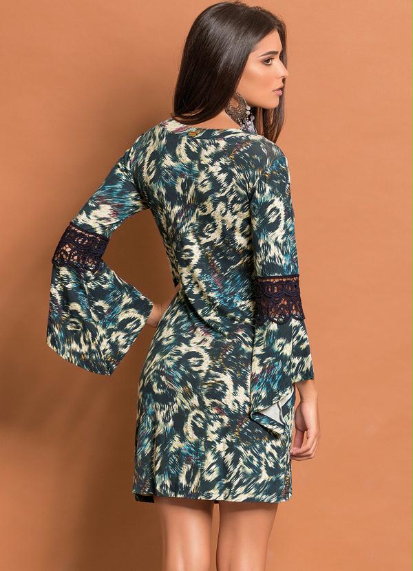 Quintess - Vestido Mangas Sino Detalhe de Renda Abstrato 2