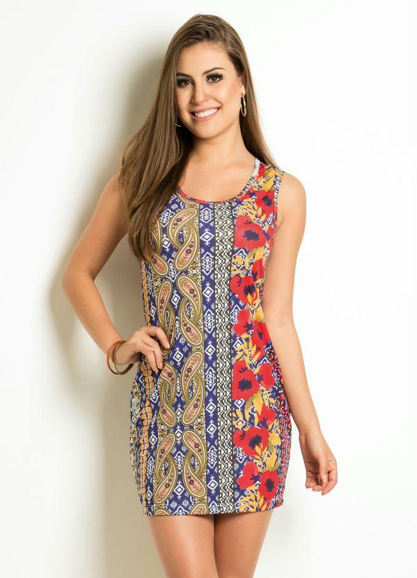 Outlet - Vestido Mix de Estampa Tubinho sem Mangas
