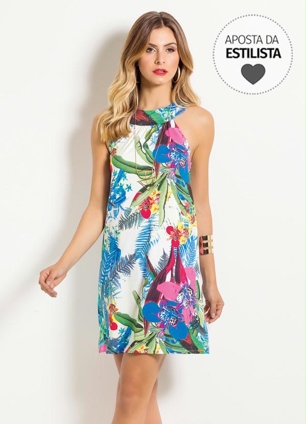 Quintess - Vestido Trapézio Quintess Estampa Folhagem