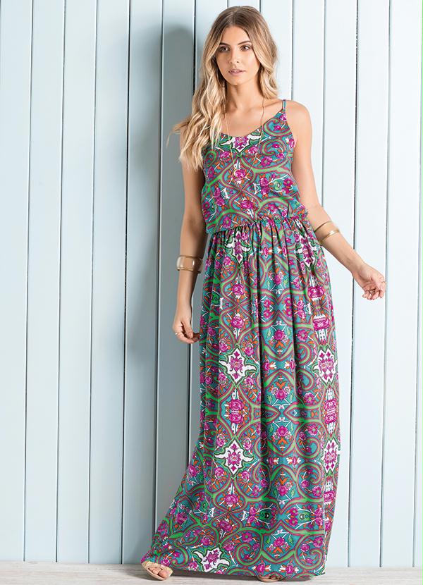 Quintess - Vestido Longo com Alças Estampa Étnica