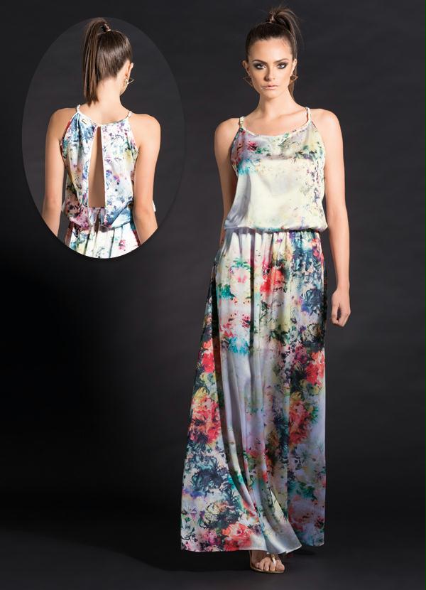 Quintess - Vestido Longo com Vazado nas Costas Aquarela