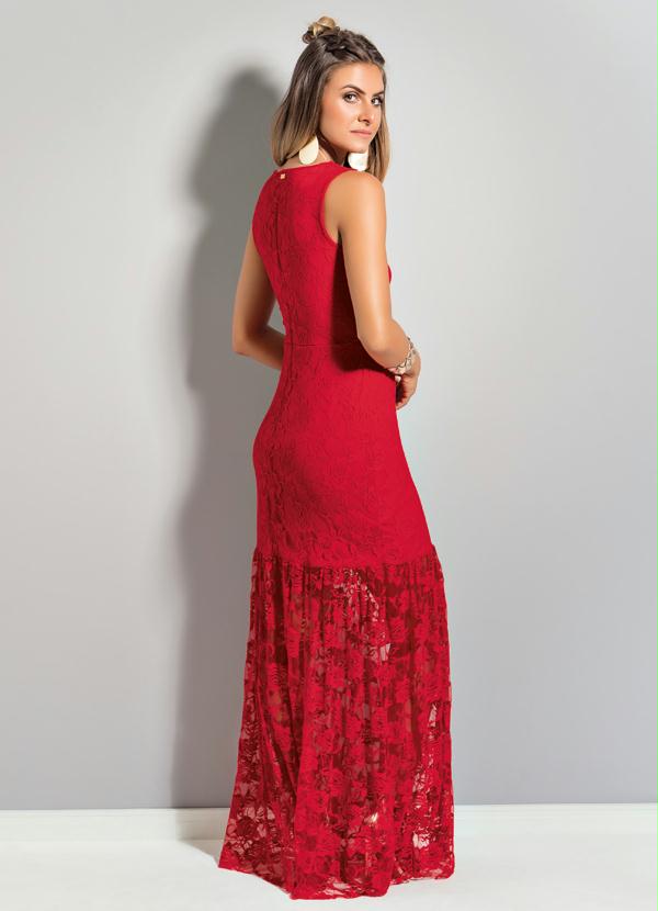 Vestido fashion longo de renda vermelho