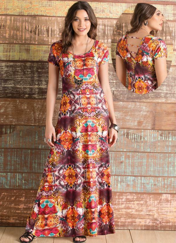 Quintess - Vestido Longo Decote nas Costas Étnico Vermelho