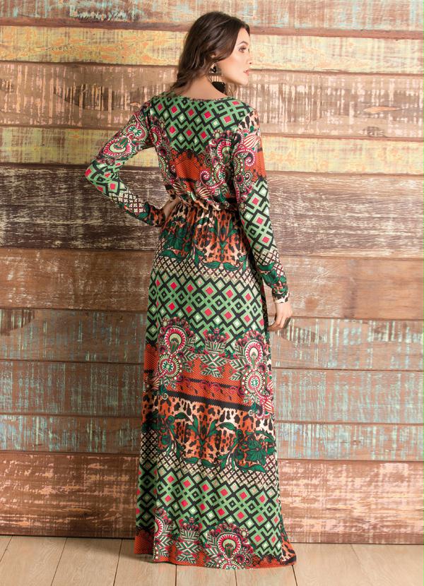 Quintess - Vestido Longo Decote V Estampa Mix 2