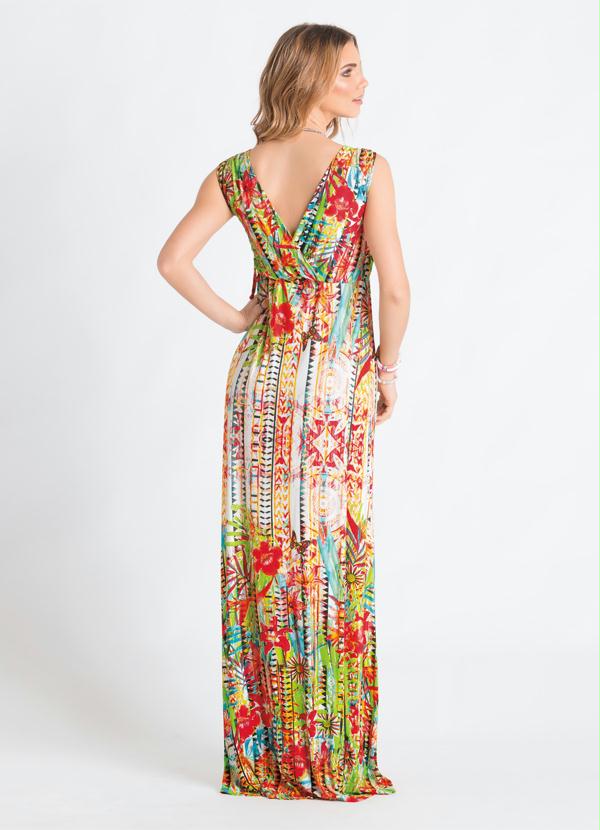 Quintess - Vestido Longo Decote V Étnico Floral 3