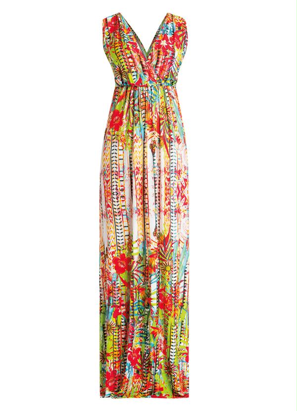 Quintess - Vestido Longo Decote V Étnico Floral 4
