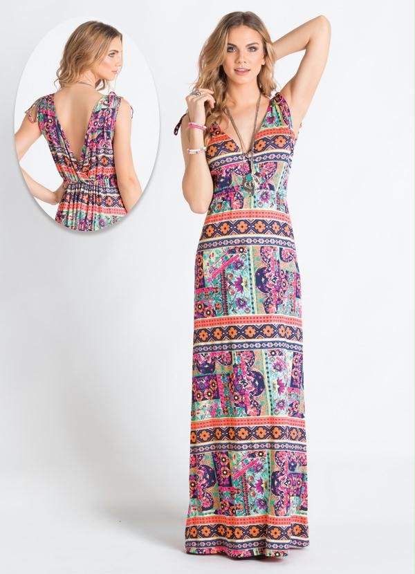 Quintess - Vestido Longo Decote V Étnico Rosa