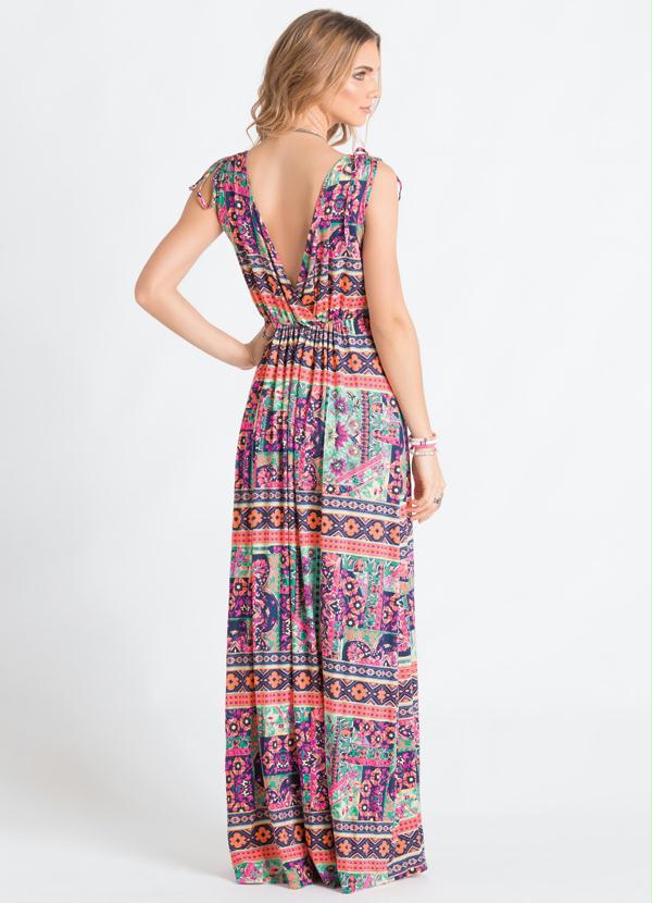 Quintess - Vestido Longo Decote V  Étnico Rosa 3