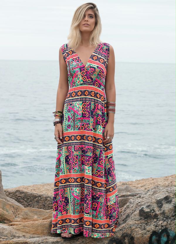 Quintess - Vestido Longo Decote V  Étnico Rosa 4