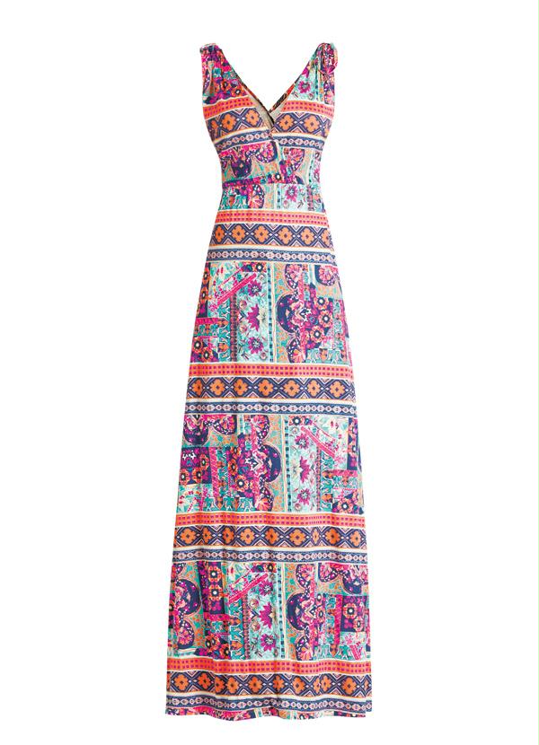 Quintess - Vestido Longo Decote V  Étnico Rosa 5