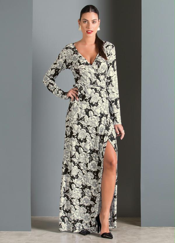 Quintess - Vestido Longo Floral com Fenda Lateral