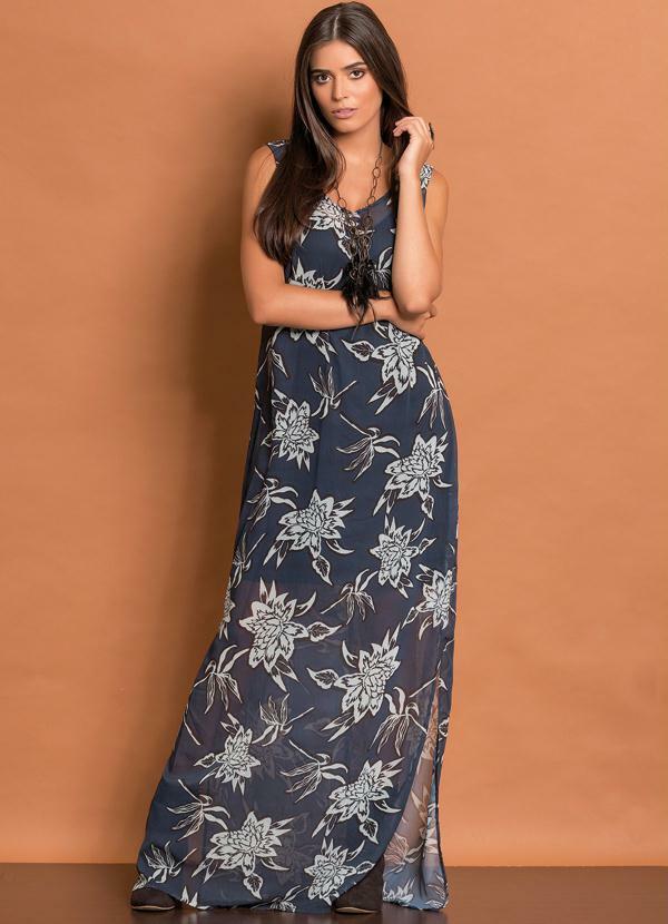 Quintess - Vestido Longo Fluído Floral Azul