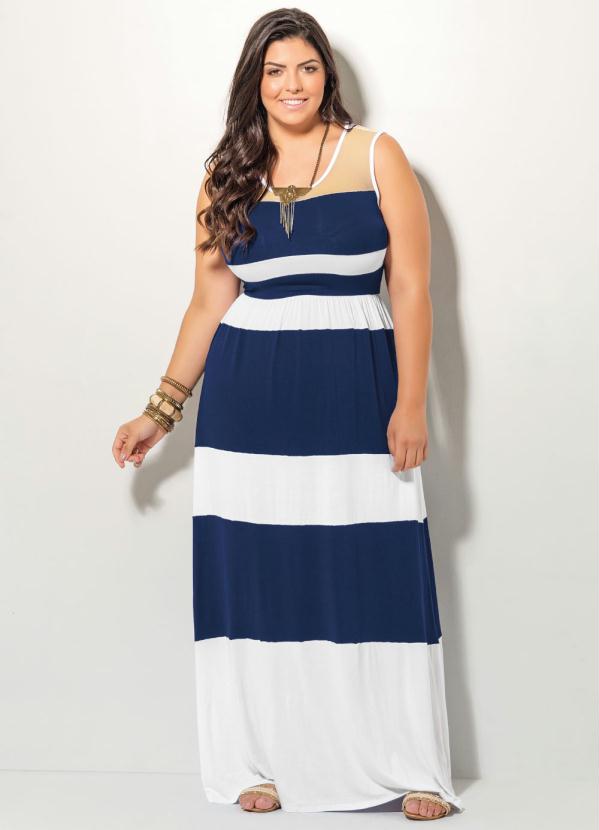 vestido listrado azul e branco longo