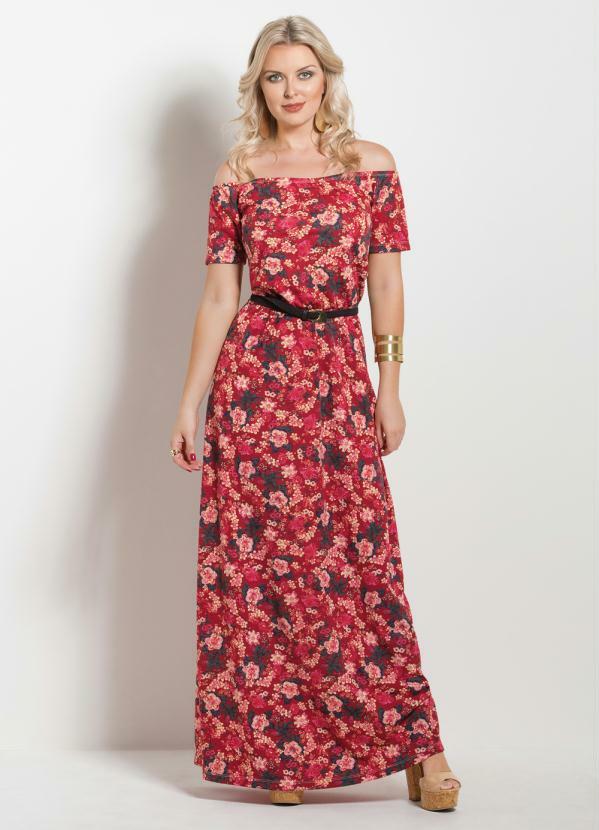Outlet - Vestido Longo Ombro a Ombro Floral Vermelho