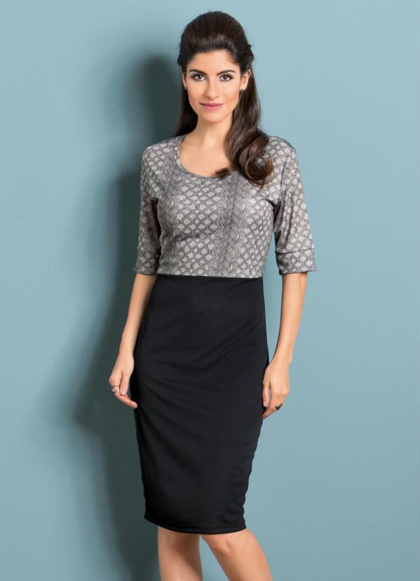 Rosalie - Vestido Manga 3/4 Cinza e Preto Moda Evangélica