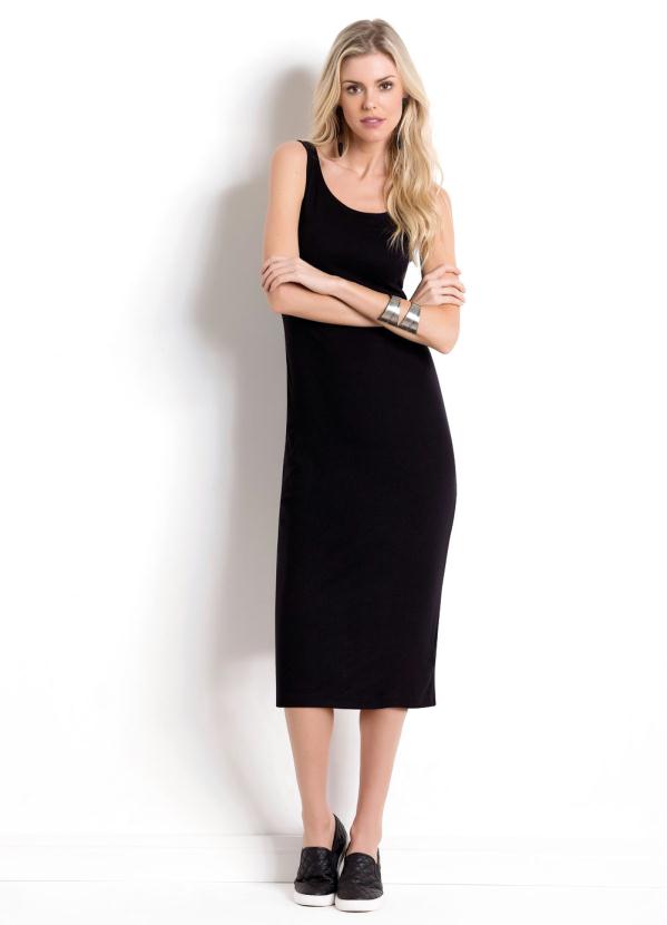 Quintess - Vestido Midi Preto Quintess com Fenda na Barra