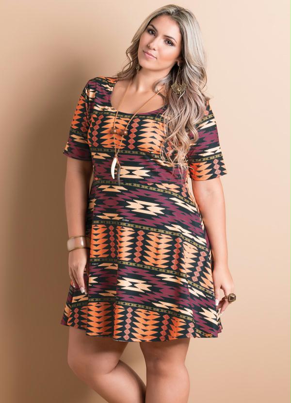 Vestido Acinturado Étnico Plus Size Quintess