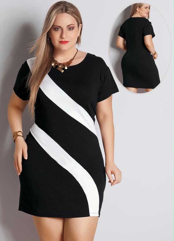 Quintess - Vestido Bicolor Preto e Branco Plus Size