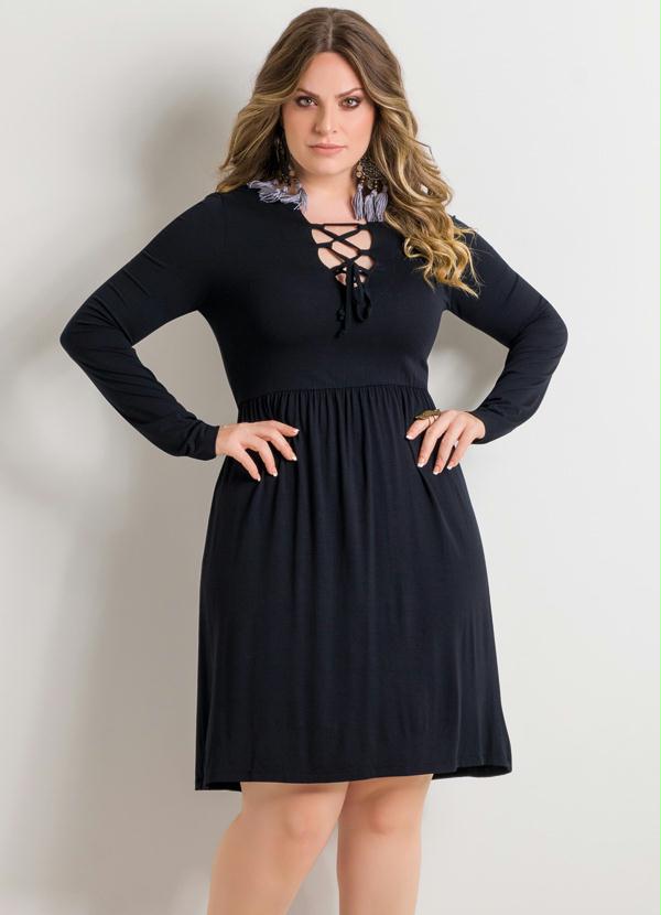 Quintess - Vestido com Amarração no Decote Preto Plus Size