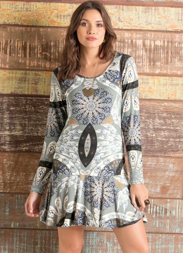 Quintess - Vestido com Babado Estampa Mandala