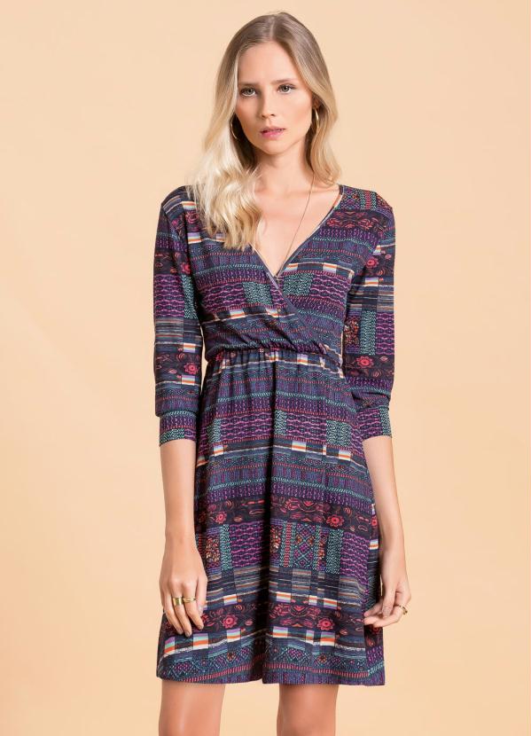 Quintess - Vestido Decote Transpassado V Estampado