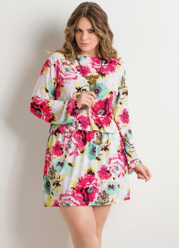 Quintess - Vestido Floral Acinturado Plus Size