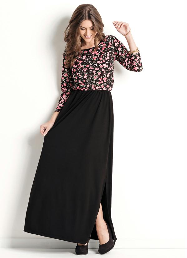 Outlet - Vestido Longo com Fenda Lateral Floral e Preto