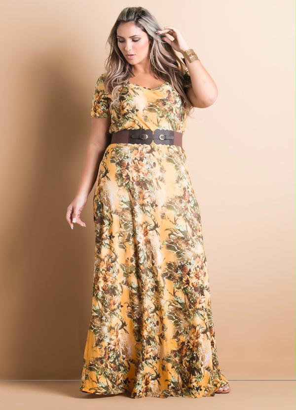 Quintess - Vestido Longo Decote em V Floral Plus Size