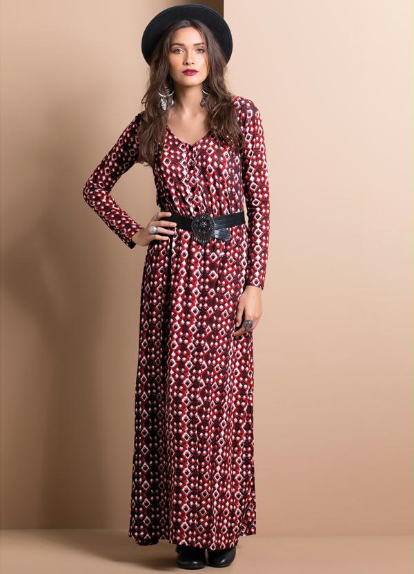 Quintess - Vestido Longo Decote V Estampa de Gravataria