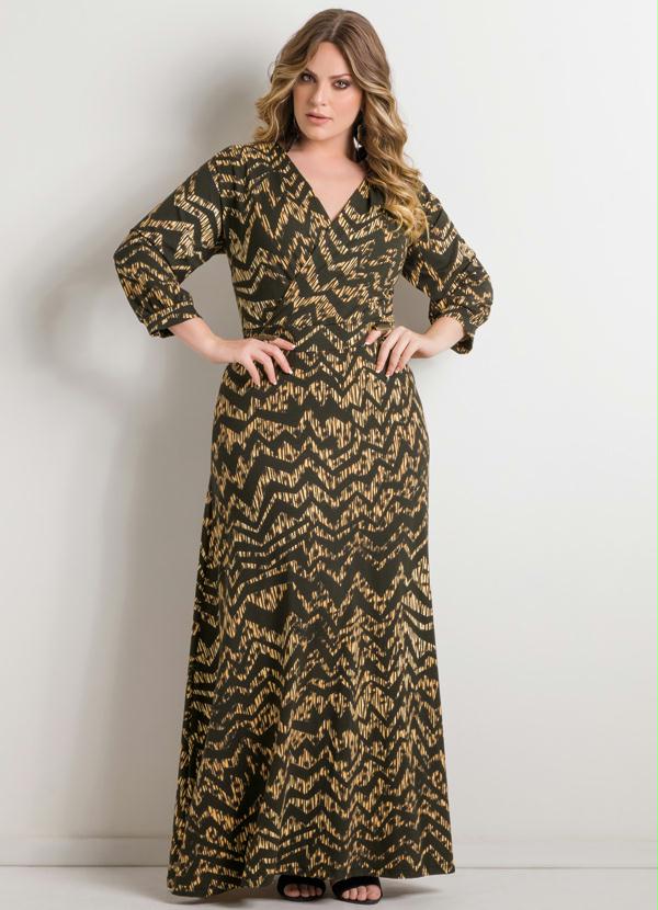 Quintess - Vestido Longo Estampa Chevron Plus Size