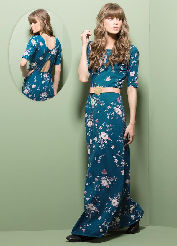 Quintess - Vestido Longo Floral Vazado nas Costas