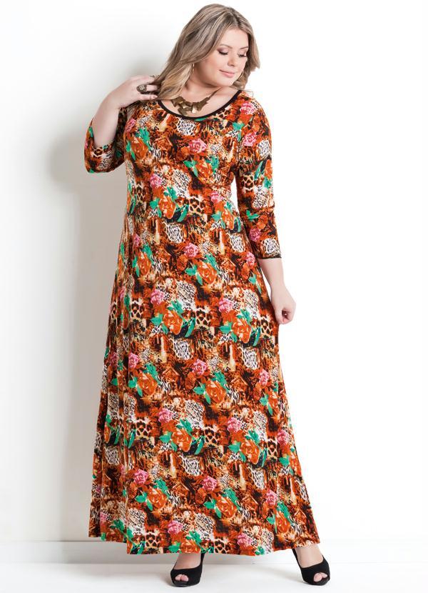 Marguerite - Vestido Longo Mix Estampa Manga 7/8 Plus Size