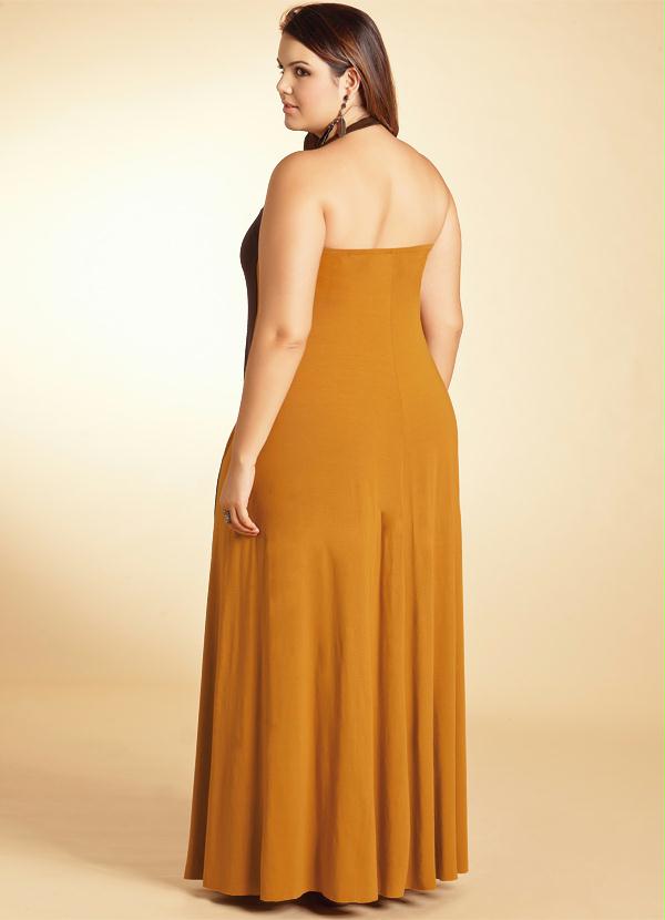 Quintess - Vestido Longo Mostarda/Marrom Frente Única 2