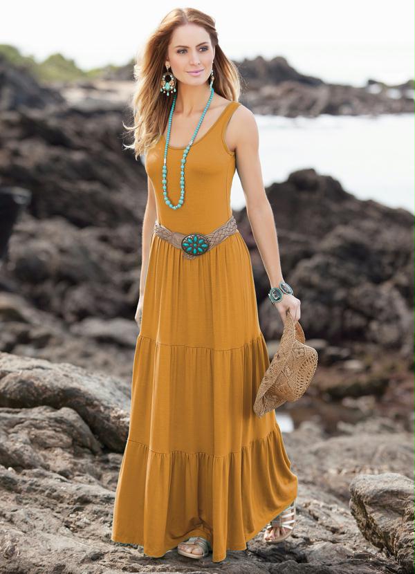 vestido longo cor mostarda
