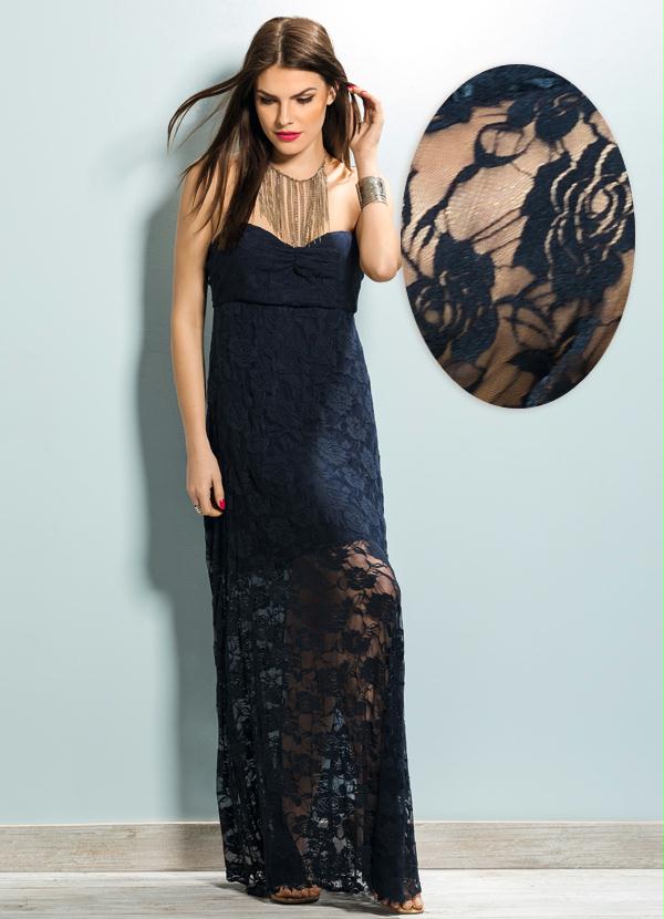 vestido longo com barra de renda