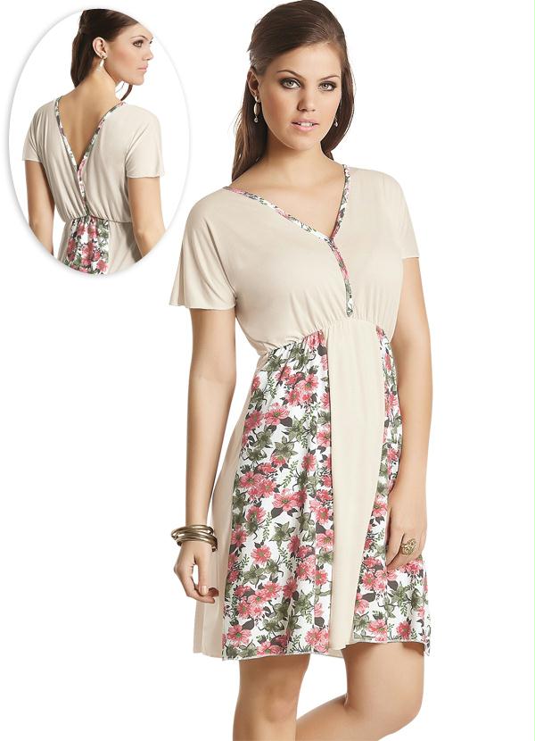 Outlet - Vestido Manga Curta com Detalhes Florais