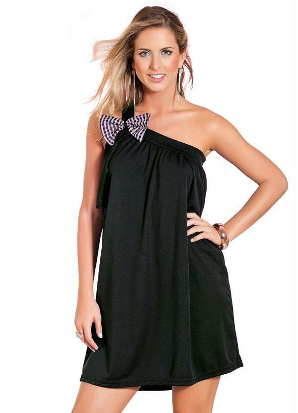 Moda Pop - Vestido Preto com Laço no Ombro