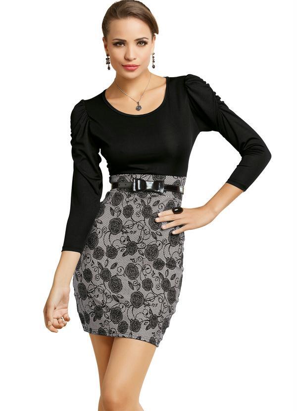 Outlet - Vestido Tubinho Estampado/Preto