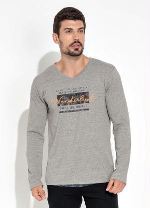 Moda Pop - Camisa com Estampa na Frente Mescla Cinza - MODA POP