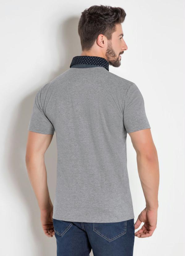 Outlet - Camisa Polo Cinza Bolso e Gola com Estampa Poá 2