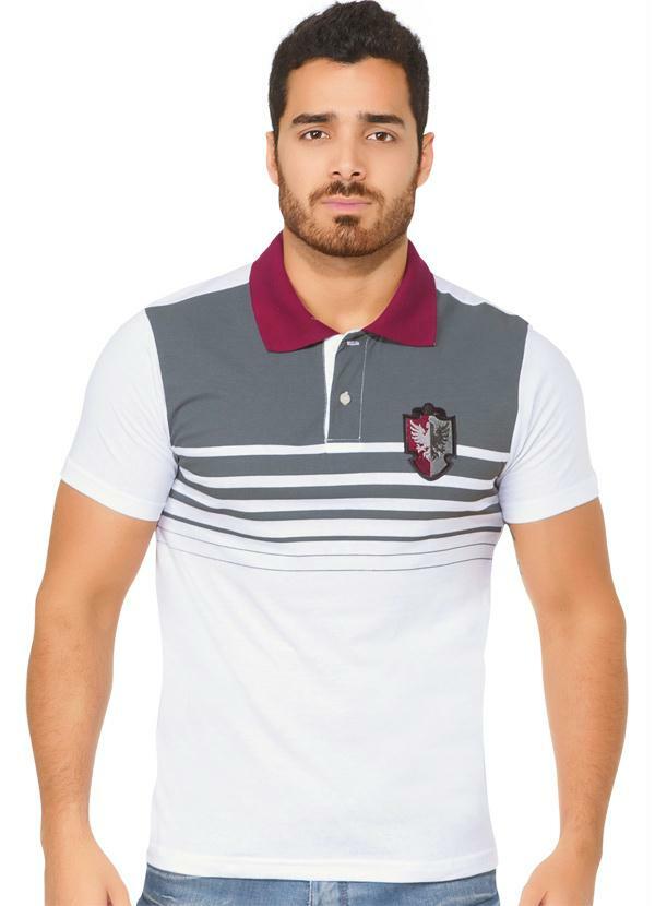 Outlet - Camisa de Gola Polo Branca/Cinza/Bordô