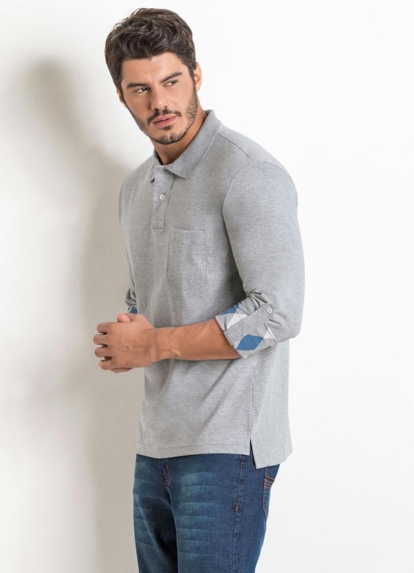 Outlet - Camisa Polo Manga com Estampa Interna Cinza