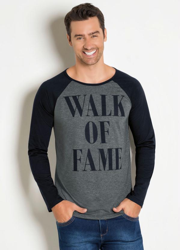 Outlet - Camiseta Manga Raglan Longa Cinza e Preto