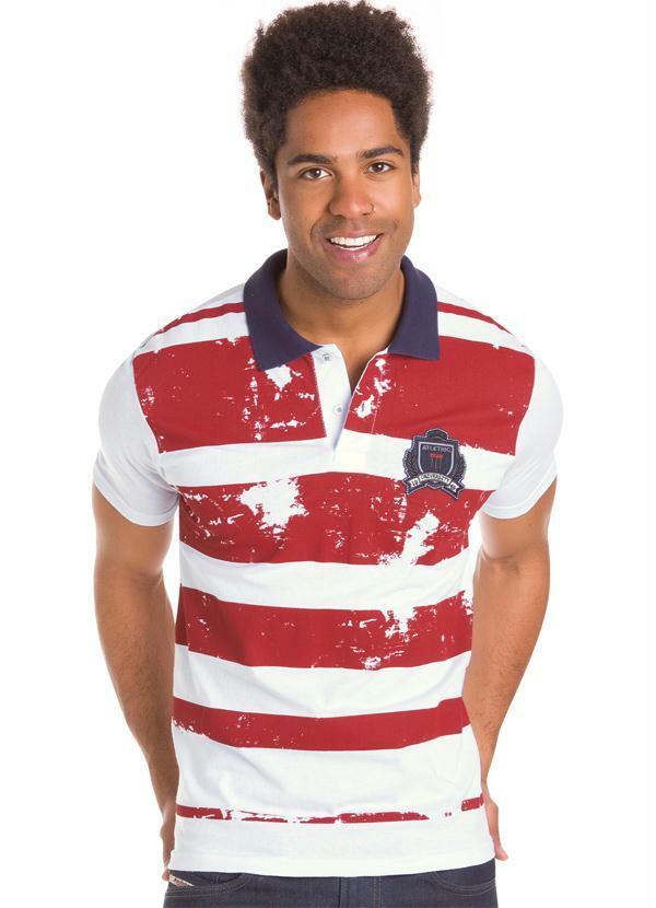 Outlet - Camiseta Polo Listrada Branco/Azul/Vermelho