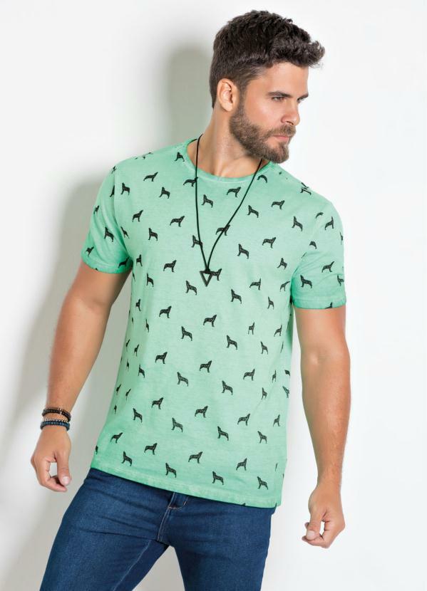 Outlet - Camiseta Actual Verde com Estampa de Lobos