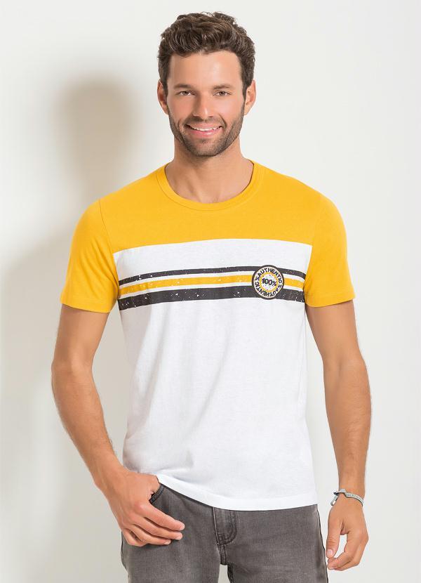 Outlet - Camiseta Amarela e Branca e Detalhe de Estampa